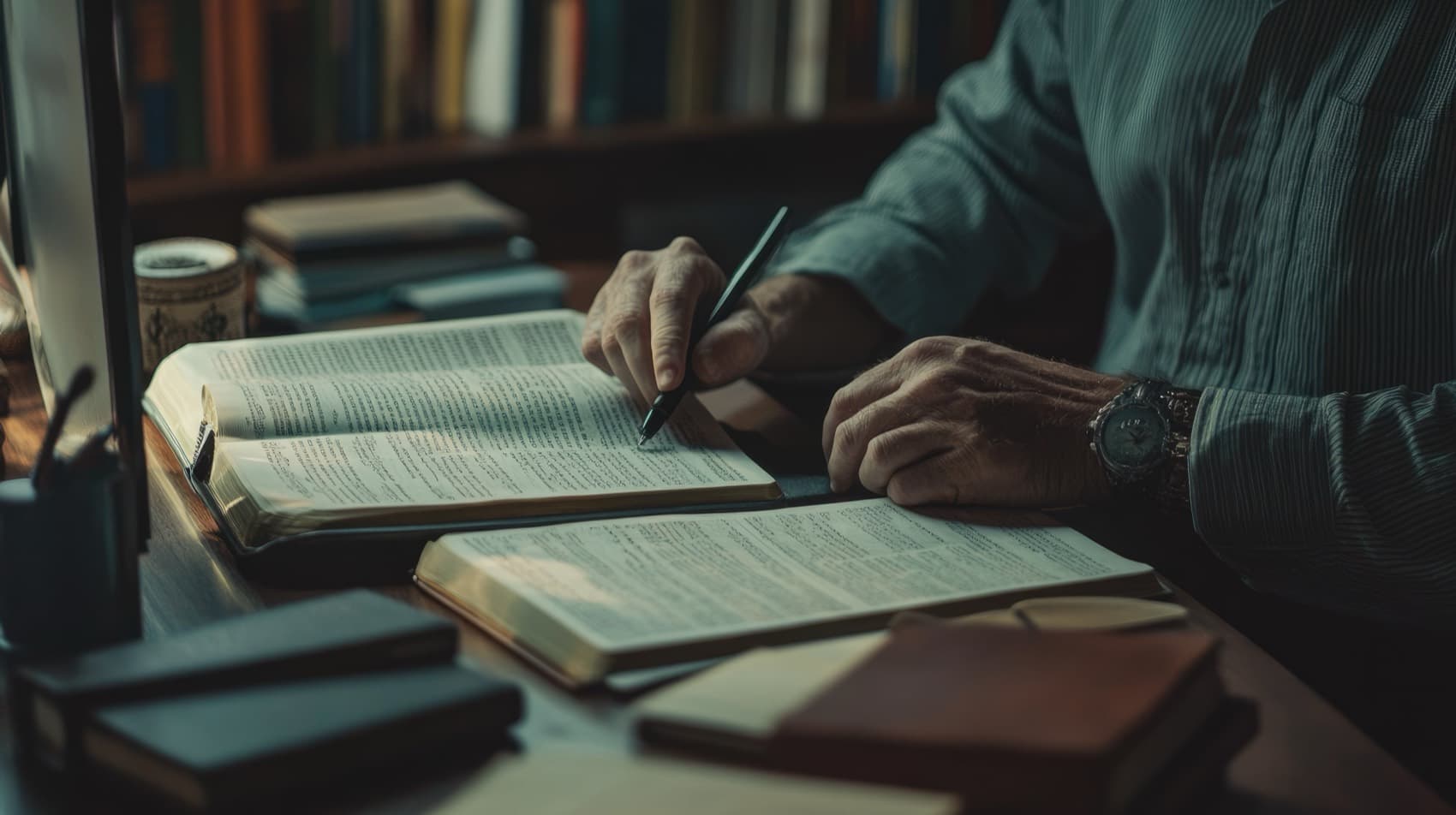A pastor at a desk, studying open books while preparing to write